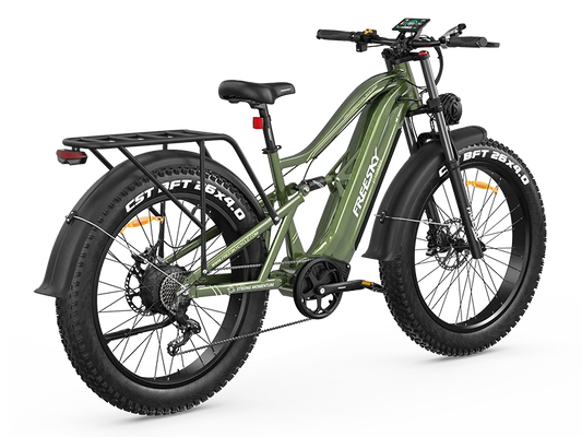 Green Swift Horse Ultra full suspension fat tire electric bike — rear three-quarter view