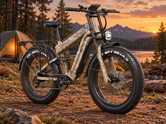 Camouflage Alaska Pro dual battery fat tire electric bike in a camp setting — AI-generated scene illustration