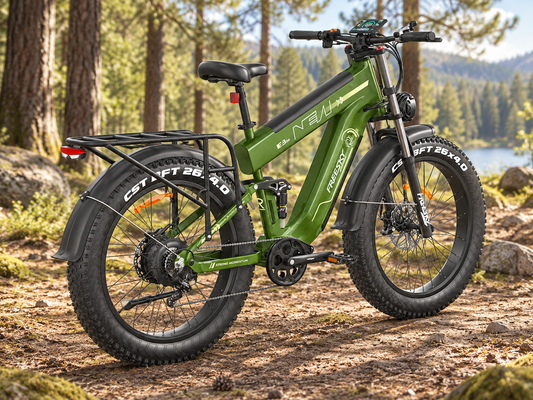 Green Alaska Pro dual battery fat tire electric bike in a forest setting — AI-generated scene illustration