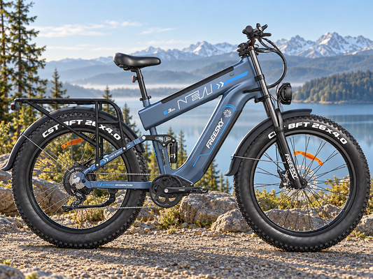 Blue Alaska Pro dual battery fat tire electric bike in a lake setting — AI-generated scene illustration