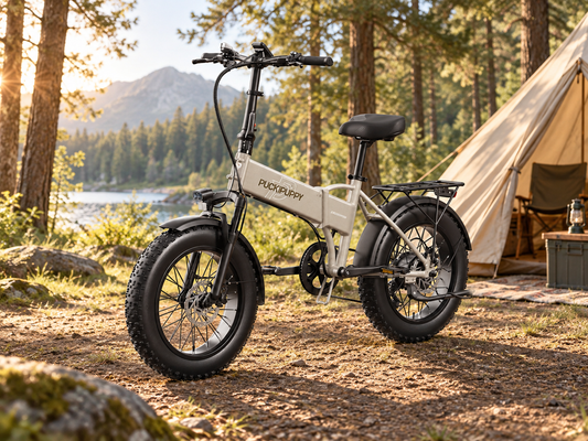 AI scene illustration: Khaki Dachshund folding fat tire electric bike parked on firm level ground beside a tasteful canvas camping tent, woodland clearing
