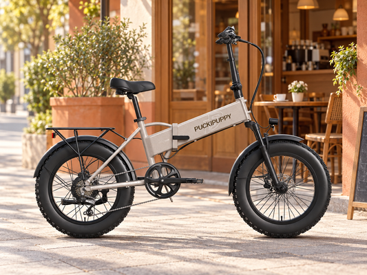 AI scene illustration: Khaki Dachshund folding fat tire electric bike outside a stylish neighborhood cafe with warm timber and terracotta, morning