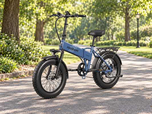 AI scene illustration: Blue Dachshund folding fat tire electric bike on a broad smooth park path surrounded by green trees, dappled daylight