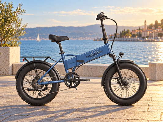 AI scene illustration: Blue Dachshund folding fat tire electric bike parked on a wide paved waterfront promenade beside calm blue water, golden afternoon