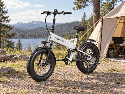 AI scene illustration: White Dachshund Pro full suspension folding electric bike parked on firm level ground beside a modern canvas camping tent and distant trees