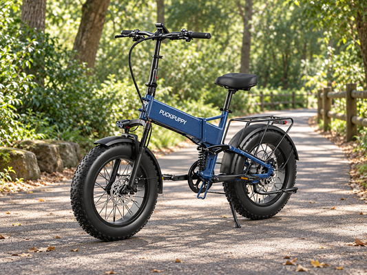AI scene illustration: Pearl Blue Dachshund Pro full suspension folding electric bike parked on a broad smooth woodland park path with green foliage