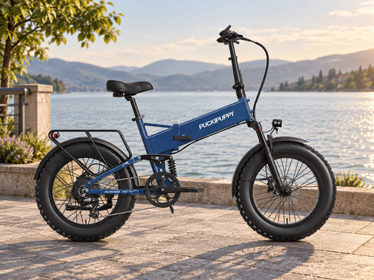 AI scene illustration: Pearl Blue Dachshund Pro full suspension folding electric bike parked on a paved lakeside promenade, warm afternoon light and calm water