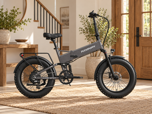 AI scene illustration: Silver Gray Dachshund Pro full suspension folding electric bike parked unfolded in a spacious elegant home entrance with warm wood and simple greenery