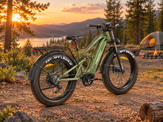 Green Swift Horse Ultra full suspension electric bike in a camp setting — AI-generated scene illustration