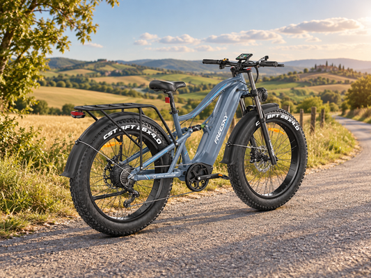 Blue Swift Horse Ultra full suspension electric bike in a country setting — AI-generated scene illustration