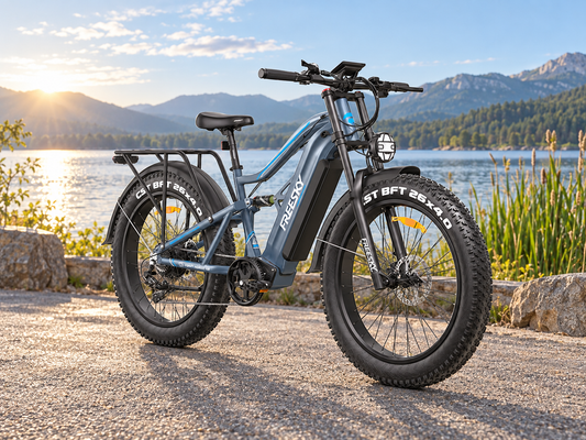 Blue Swift Horse Ultra full suspension electric bike in a lake setting — AI-generated scene illustration