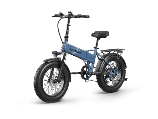 Blue Dachshund folding electric bike, front three-quarter view