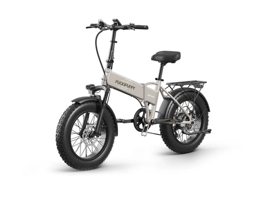 Khaki Dachshund folding electric bike, front three-quarter view