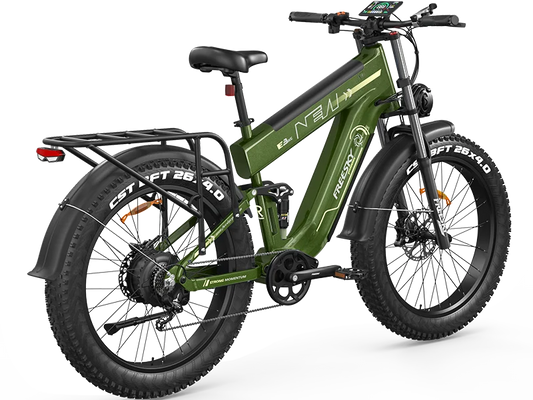 Green Alaska Pro dual battery fat tire electric bike — rear three-quarter view