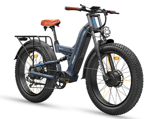 Blue Warrior Pro electric bike, front three-quarter view