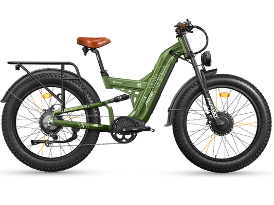 Green dual motor fat tire electric bike with brown saddle, side view