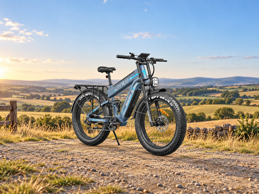 Blue Alaska Pro dual battery fat tire electric bike, front three-quarter view in countryside — AI-generated scene illustration