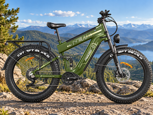Green Alaska Pro dual battery fat tire electric bike in a mountain setting — AI-generated scene illustration