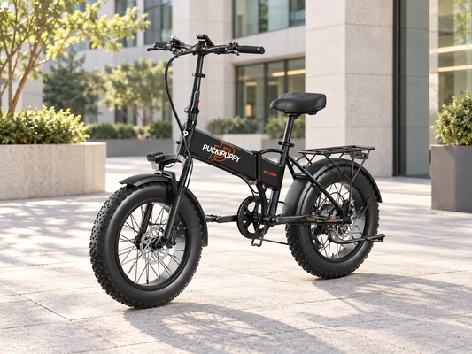 AI scene illustration: Black Dachshund folding fat tire electric bike outside a modern office courtyard, pale stone architecture and soft morning light