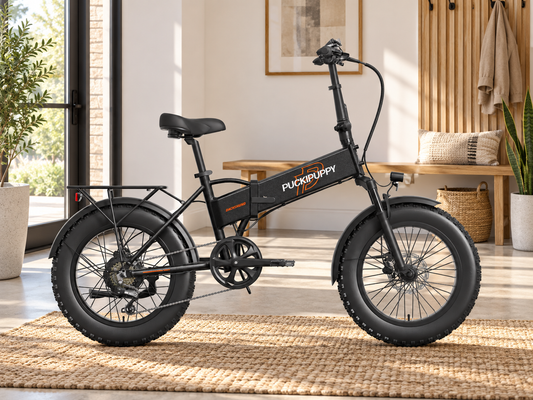 AI scene illustration: Black Dachshund folding fat tire electric bike parked unfolded in a spacious modern home entrance with oak bench and simple plants