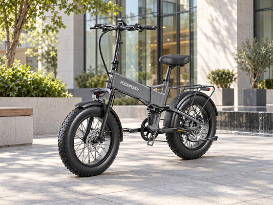 AI scene illustration: Silver Gray Dachshund Pro full suspension folding electric bike parked in a stylish modern urban courtyard with glass and pale stone architecture