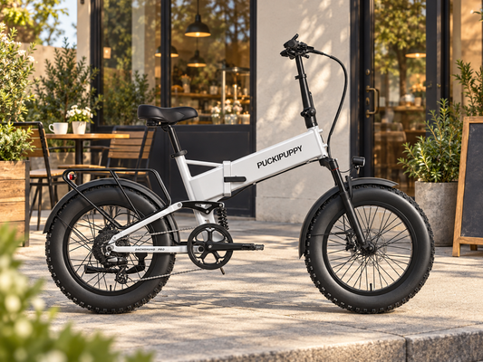AI scene illustration: White Dachshund Pro full suspension folding electric bike parked outside a warm contemporary neighborhood cafe, morning sunlight