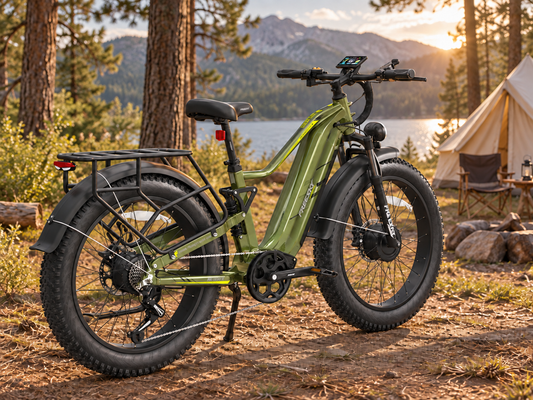 AI-generated campsite scene using the green electric bike rear three-quarter reference image