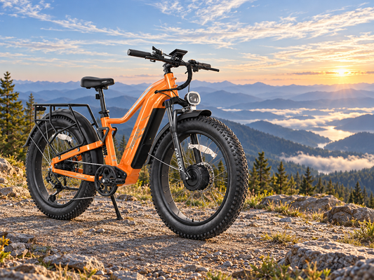AI-generated mountain scene using the product's orange front three-quarter reference image