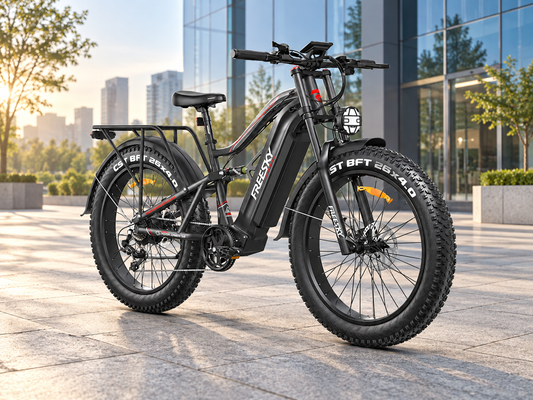 Black Swift Horse Ultra full suspension electric bike in a city setting — AI-generated scene illustration