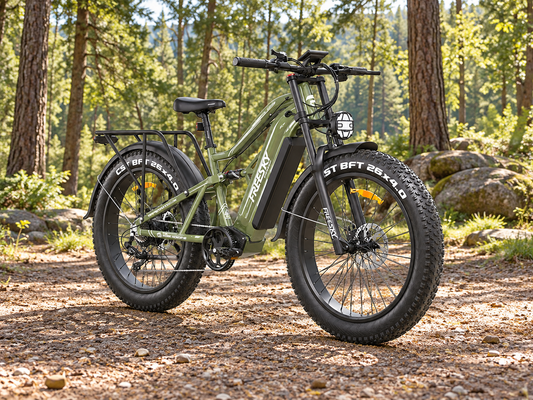 Green Swift Horse Ultra full suspension electric bike in a forest setting — AI-generated scene illustration