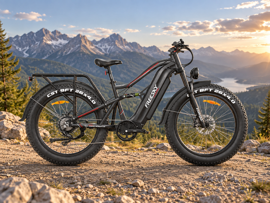 Black Swift Horse Ultra full suspension electric bike in a mountain setting — AI-generated scene illustration