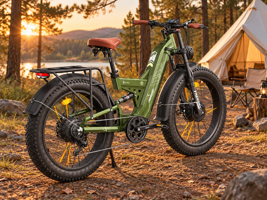 Green Warrior Pro 48V 30Ah dual motor electric bike, rear three-quarter view in a camp setting — AI-generated scene illustration