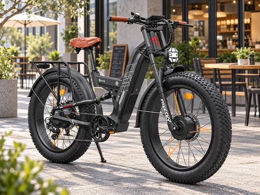Black Warrior Pro 48V 30Ah dual motor electric bike, front three-quarter view in a city setting — AI-generated scene illustration