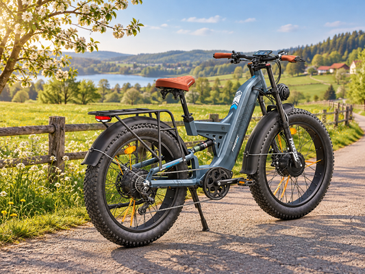 Blue Warrior Pro 48V 30Ah dual motor electric bike, rear three-quarter view in a country setting — AI-generated scene illustration