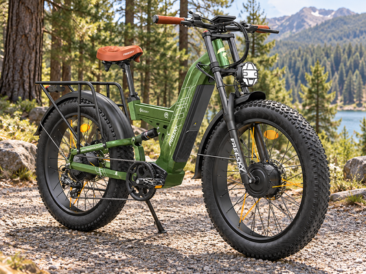 Green Warrior Pro 48V 30Ah dual motor electric bike, front three-quarter view in a forest setting — AI-generated scene illustration