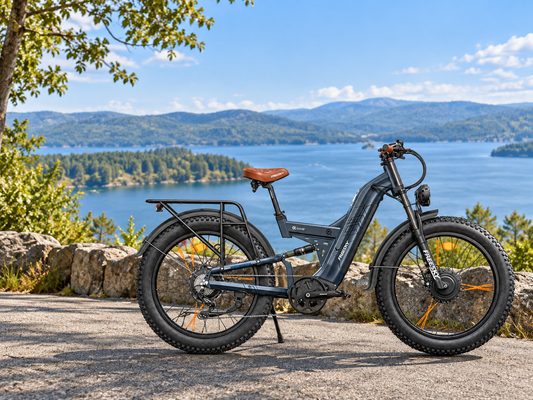 Blue Warrior Pro 48V 30Ah dual motor electric bike, side view in a lake setting — AI-generated scene illustration