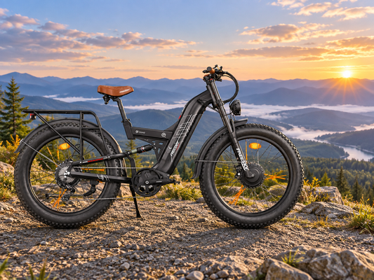 Black Warrior Pro 48V 30Ah dual motor electric bike, side view in a mountain setting — AI-generated scene illustration